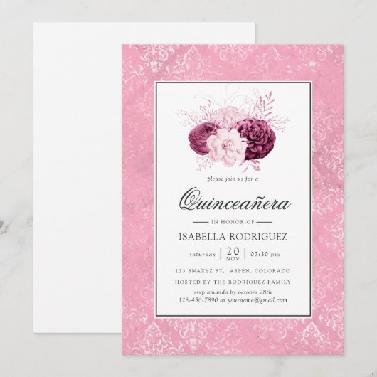 Invitation Quinceañera vintage rose (Devant / Derrière)