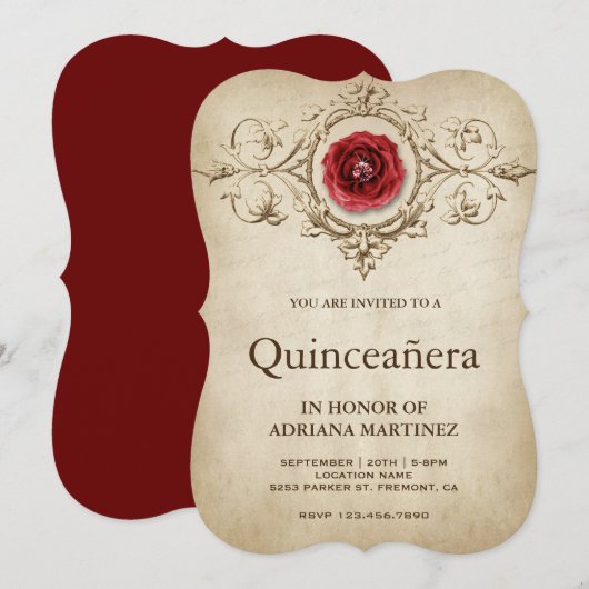 Invitation Quinceanera vintage Rose romantique (Devant / Derrière)
