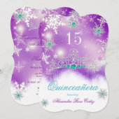 Invitation Quinceañera Violet Bleu Turquoise Perle Flocon de (Devant / Derrière)