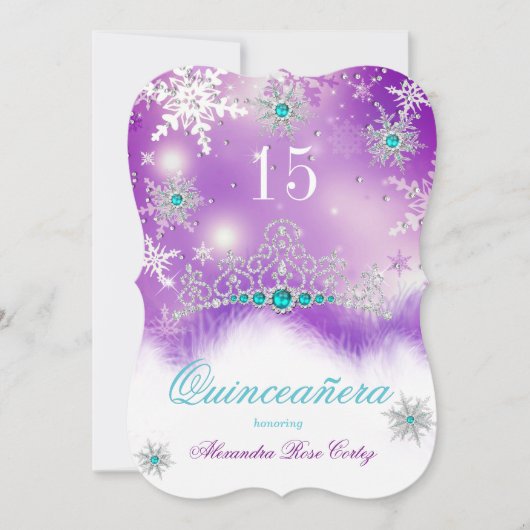 Invitation Quinceañera Violet Bleu Turquoise Perle Flocon de (Devant)