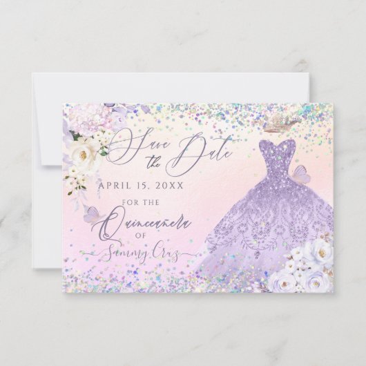 Invitation Quinceanera violet Date de sauvegarde Holographiqu (Devant)
