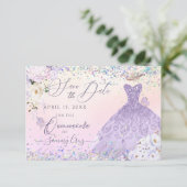 Invitation Quinceanera violet Date de sauvegarde Holographiqu (Debout devant)