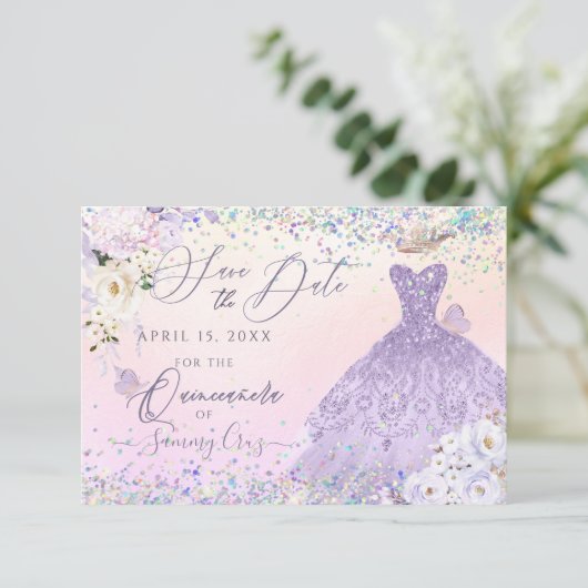 Invitation Quinceanera violet Date de sauvegarde Holographiqu (Debout devant)