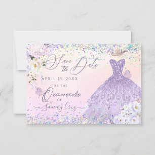 Invitation Quinceanera violet Date de sauvegarde Holographiqu