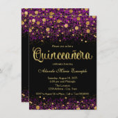 Invitation Quinceanera violet et or (Devant / Derrière)