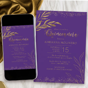 Invitation Quinceanera Violet et Or Feuille Elégante Annivers
