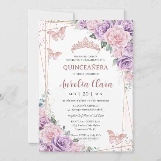 Invitation Quinceañera violet Lilac rose Floral Rose or (Devant)