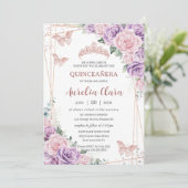 Invitation Quinceañera violet Lilac rose Floral Rose or (Debout devant)