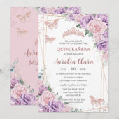 Invitation Quinceañera violet Lilac rose Floral Rose or (Devant / Derrière)