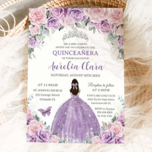 Invitation Quinceañera violet Lilac rose pâle princesse flora