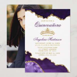 Invitation Quinceanera Violet Marbre Or Couronne Photo
