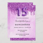 Invitation Quinceanera violet parties scintillant rose élégan (Devant / Derrière)