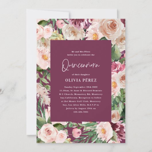 Invitation Quinceañera violet poupée florale photo anniversai (Dos)