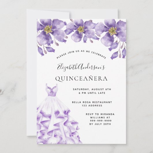 Invitation Quinceanera violet robe blanche floral élégant (Devant)