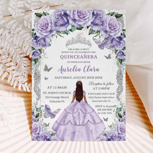 Invitation Quinceañera Violet Rose Floral Silver Princesse