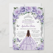 Invitation Quinceañera Violet Rose Floral Silver Princesse (Devant)