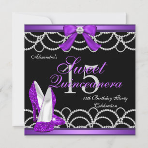 Invitation Quinceanera Violet Sweet 15 Fête Pailletée Noir