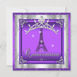 Invitation Quinceanera violette 15 Silver Tiara Tour Eiffel