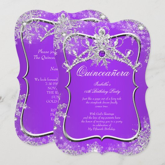 Invitation Quinceanera violette 15e Wonderland hivernal (Devant / Derrière)
