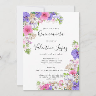 Invitation Quinceanera violette rose jolie tropicale