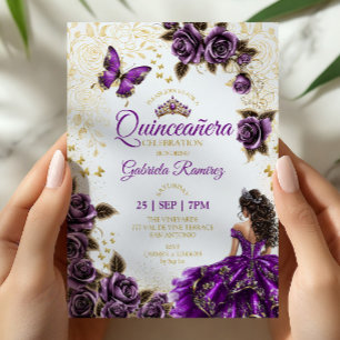 Invitation Quinceañera Violette Roses Dorées Papillons Couron