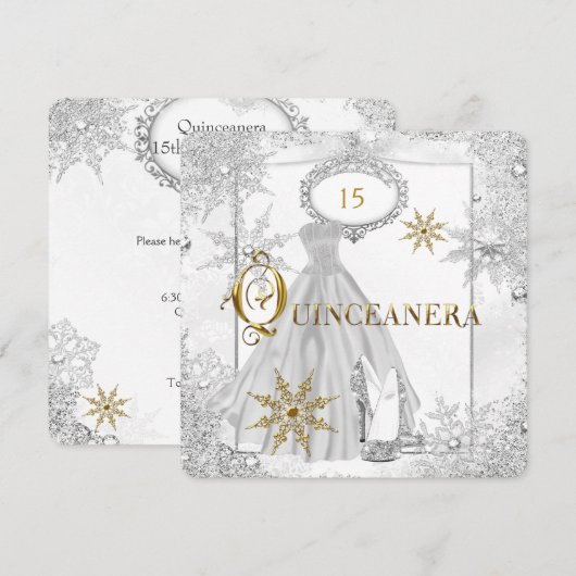 Invitation Quinceanera White Silver Snowflakes Tiara (Devant / Derrière)