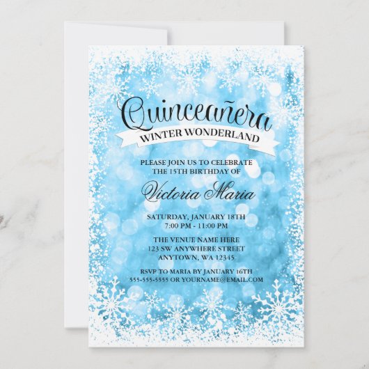 Invitation Quinceanera Winter Wonderland Blue Sparkle (Devant)