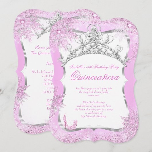 Invitation Quinceanera Winter Wonderland Silver Pink Heures 2 (Devant / Derrière)