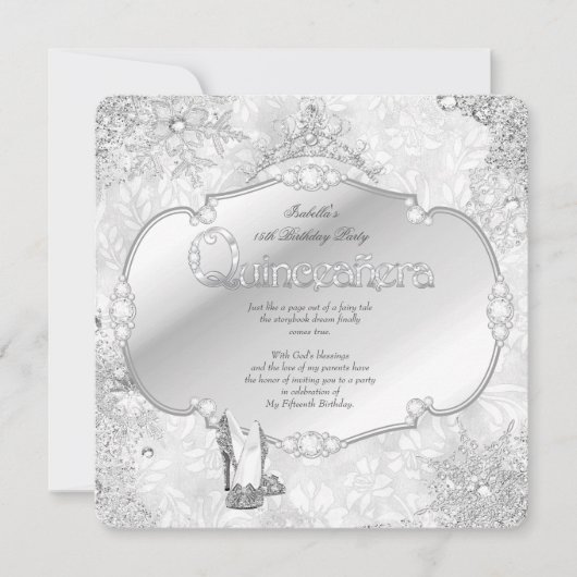 Invitation Quinceanera Winter Wonderland Silver Snowflake B (Devant)