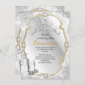 Invitation Quinceanera Winter Wonderland Snowflake Gold White (Devant / Derrière)
