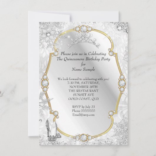Invitation Quinceanera Winter Wonderland Snowflake Gold White (Dos)