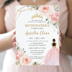 Invitation Quinceañera XV Blush rose Floral Brown Princesse