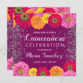 Invitation Quinceañera Zinnia Floral Parties scintillant Purp (Devant / Derrière)