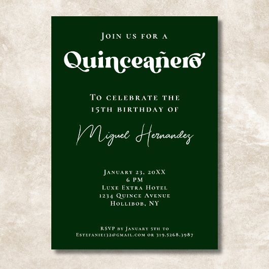 Invitation Quinceañero Elegant Green Bold Typographie Anniver