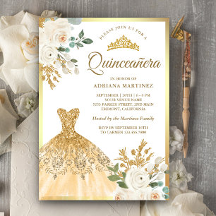 Invitation Quincée d'or floral d'ivoire étincelante