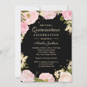 Invitation Quincée florale dorée rose rose noire (Devant)