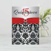 Invitation Quincénanera noir d'argent rouge RIBBON (Debout devant)