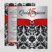 Invitation Quincénanera noir d'argent rouge RIBBON (Devant / Derrière)