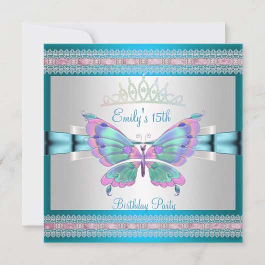 Invitation Quincenera 15e Papillon bleu Turquoise blanc rose (Devant)