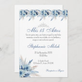Invitation Quincenera en espagnol bleu floral (Devant / Derrière)