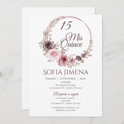Invitation Quincenera en espagnol Boho (Devant / Derrière)