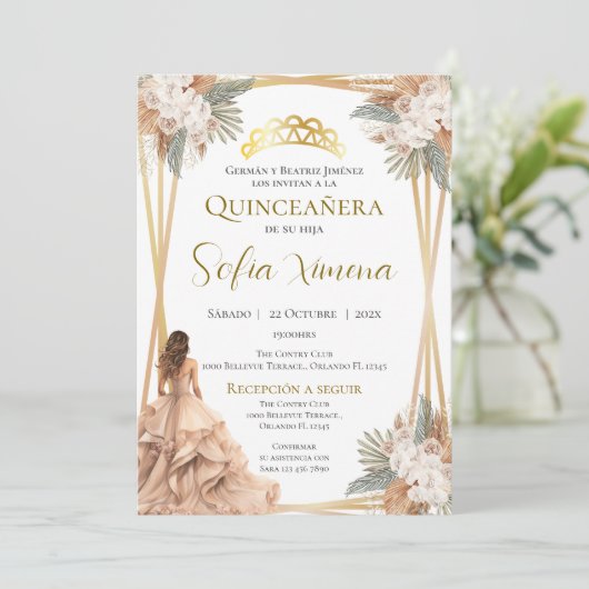 Invitation Quincenera en espagnol Boho (Debout devant)