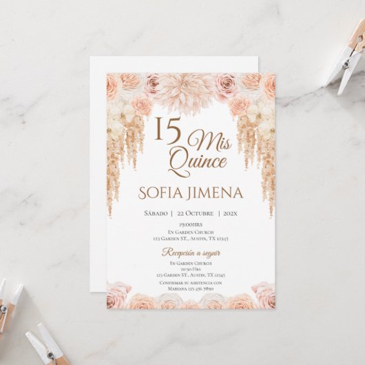 Invitation Quincenera en espagnol Boho (Devant/Arrière en situation)