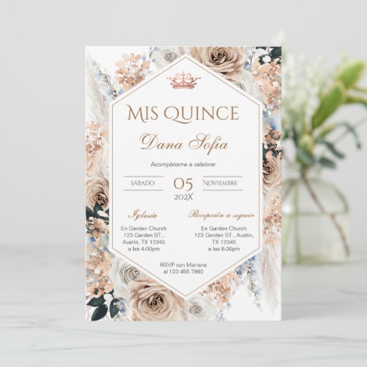 Invitation Quincenera en espagnol BohoFloral (Debout devant)