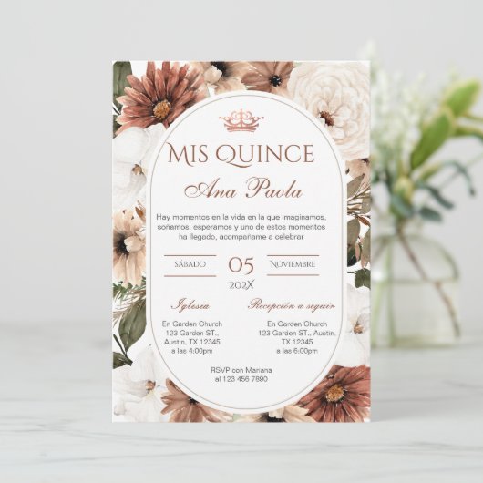 Invitation Quincenera en espagnol BohoFloral (Debout devant)