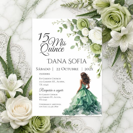 Invitation Quincenera Florale de Verdure en Espagnol