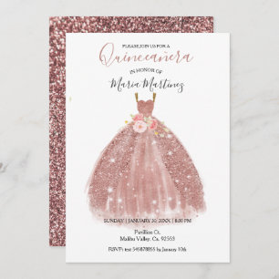 Invitation quinéenne Rose Gold Sparkle Pink Flower