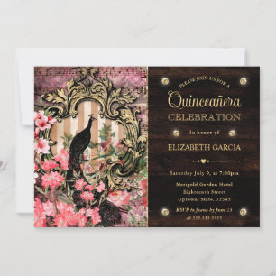 Invitation Quinze ans avec paon et fleurs à l'aquarelle vinta
