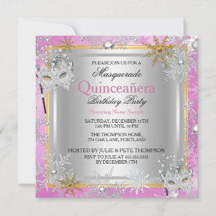 Invitation Quinze Ans Mascarade Flocons de Neige Rose Or Arge