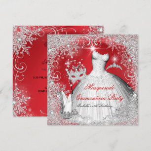 Invitation Quinze Ans Mascarade Flocons de Neige Rouges Blanc